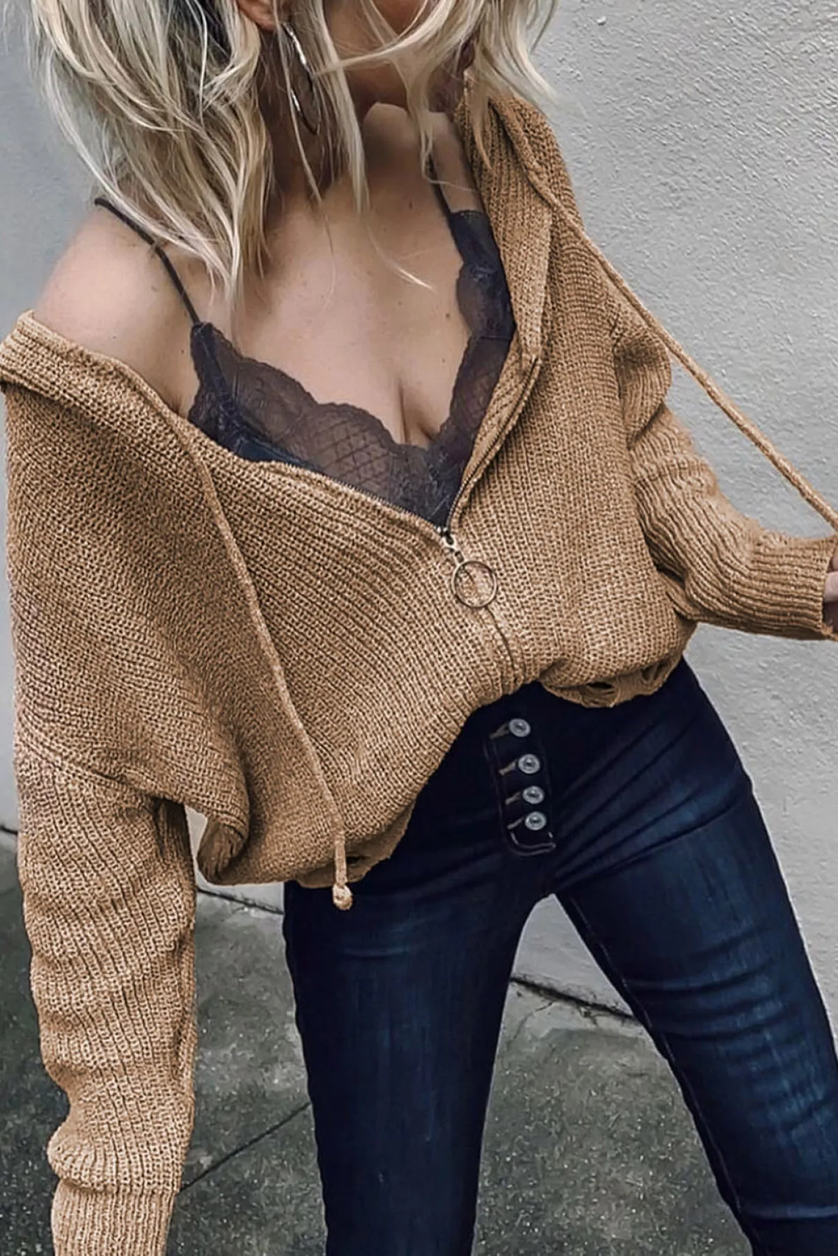 Hazel Blues® | Zipper V-Neck Dropped Sleeve Hooded Solid Sweater