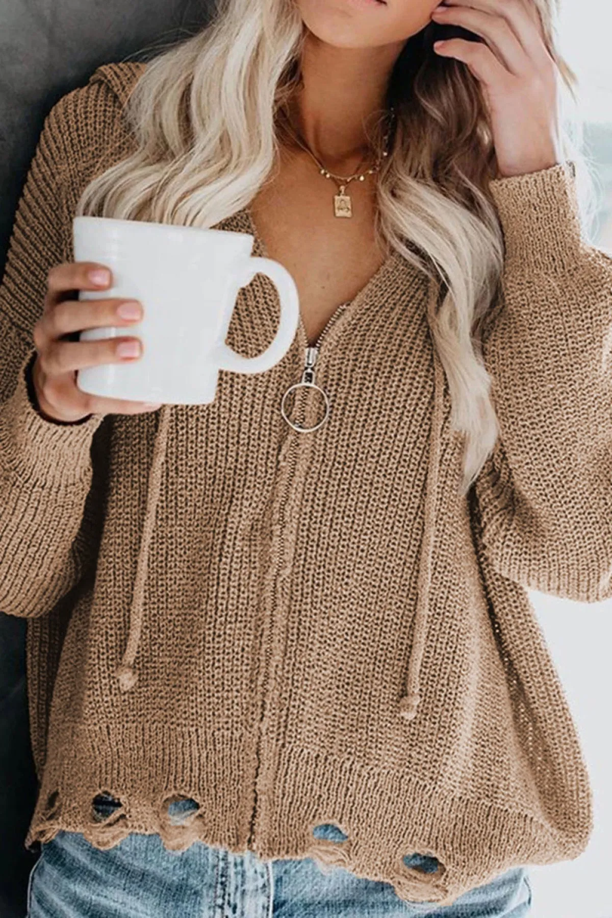 Hazel Blues® | Zipper V-Neck Dropped Sleeve Hooded Solid Sweater