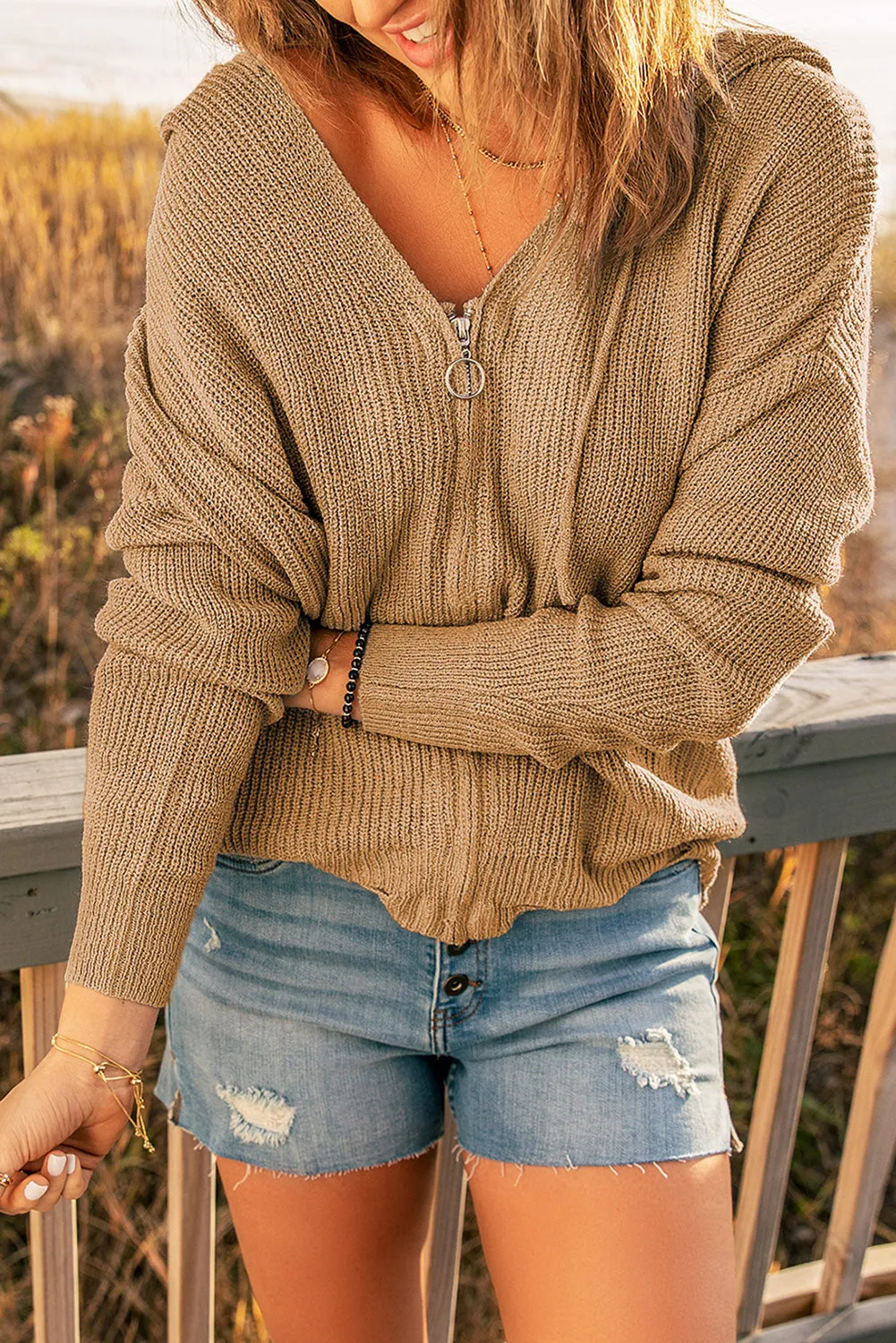 Hazel Blues® | Zipper V-Neck Dropped Sleeve Hooded Solid Sweater