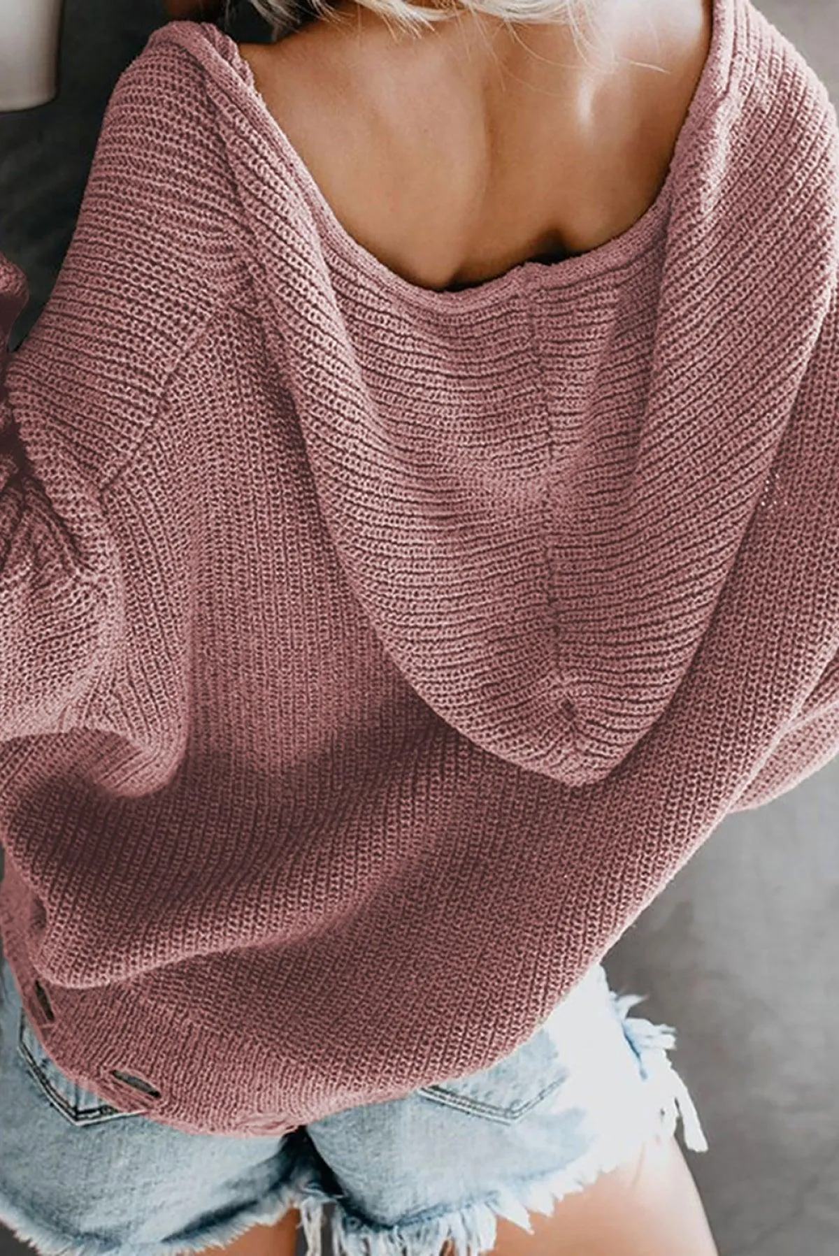 Hazel Blues® | Zipper V-Neck Dropped Sleeve Hooded Solid Sweater