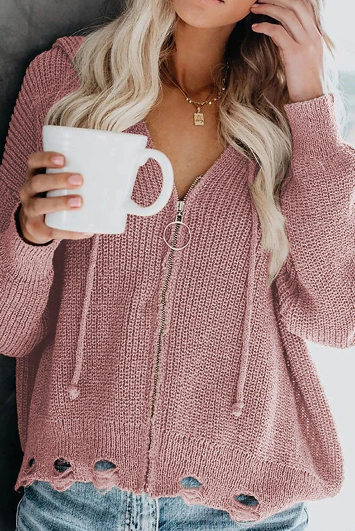 Hazel Blues® | Zipper V-Neck Dropped Sleeve Hooded Solid Sweater