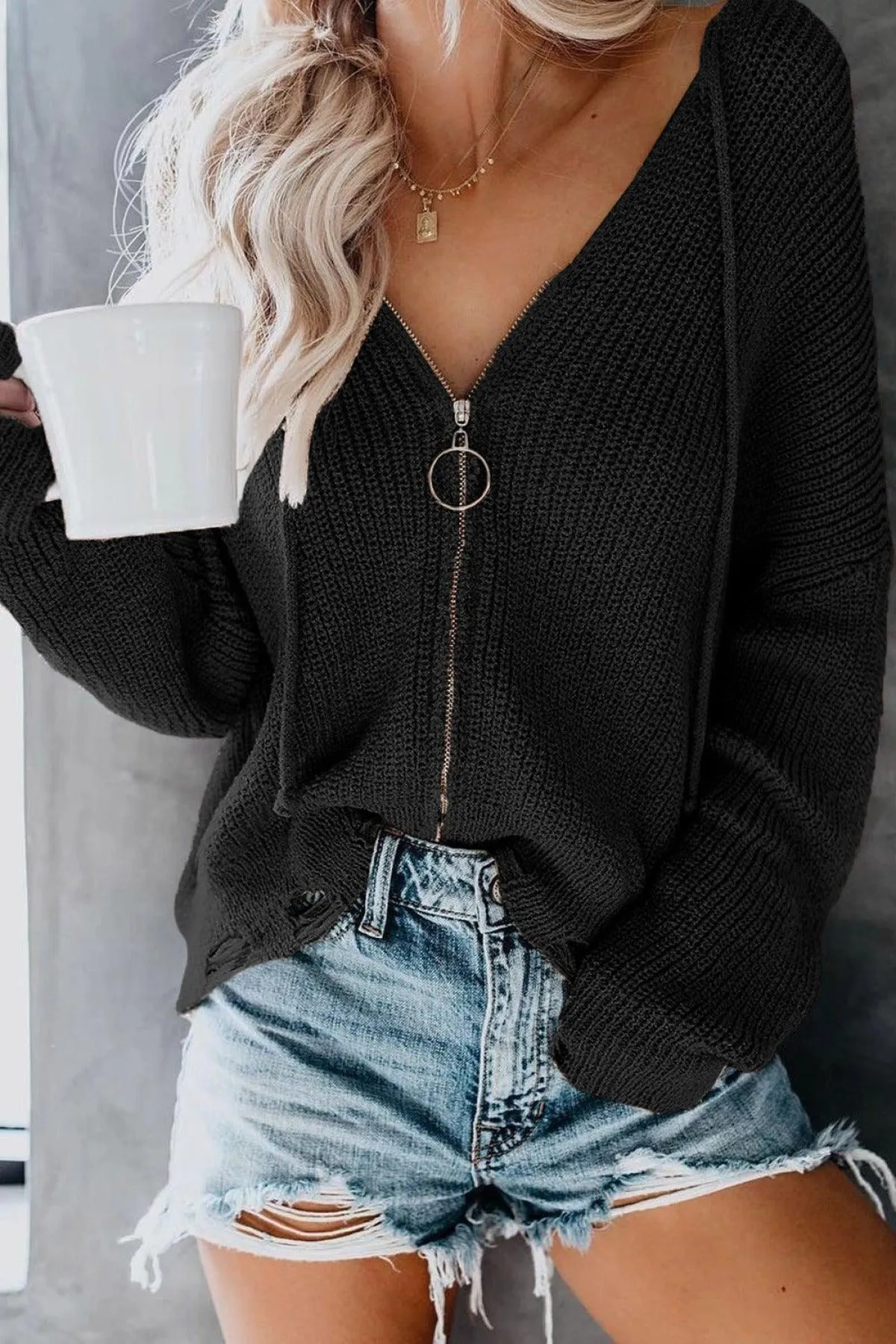 Hazel Blues® | Zipper V-Neck Dropped Sleeve Hooded Solid Sweater