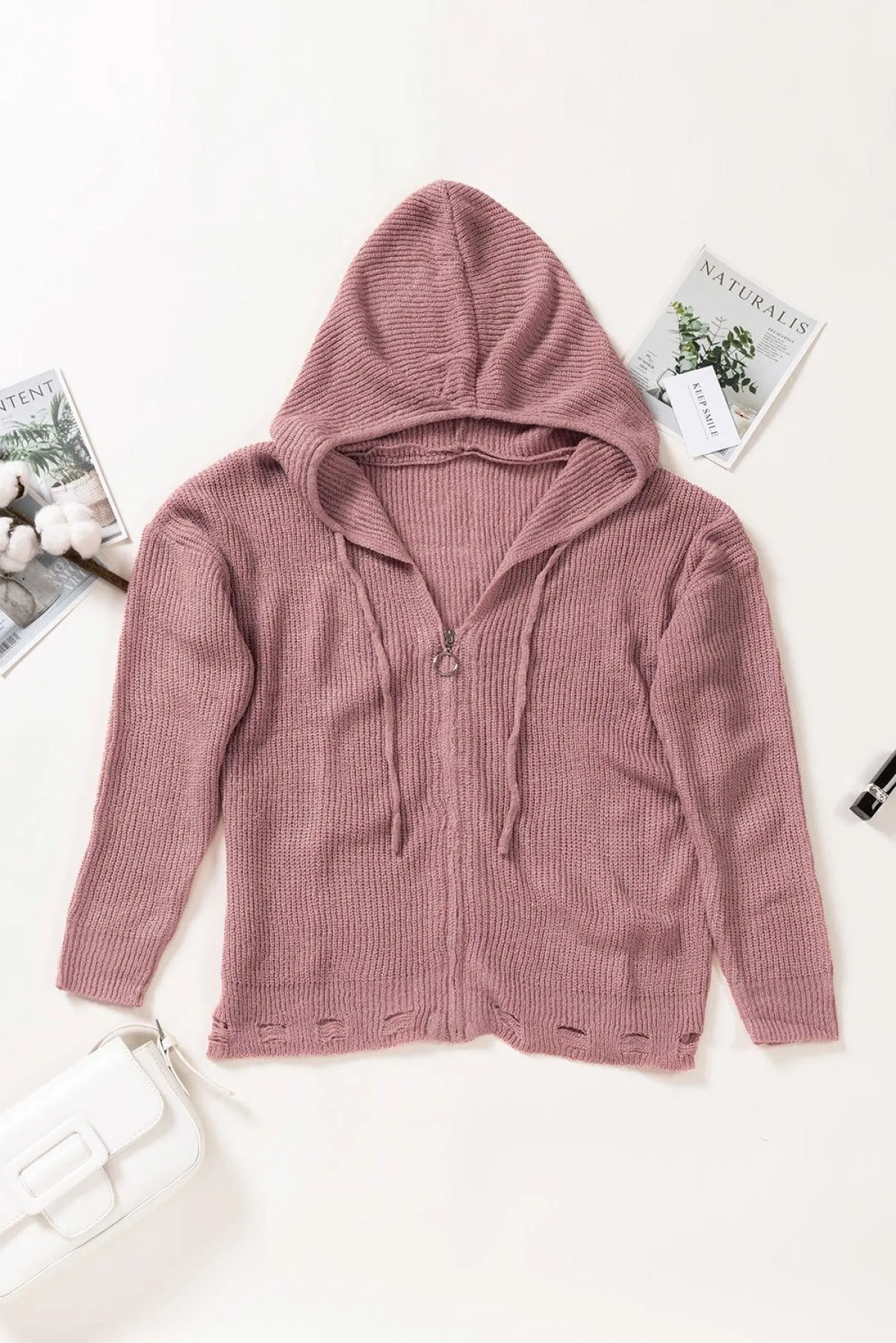 Hazel Blues® | Zipper V-Neck Dropped Sleeve Hooded Solid Sweater