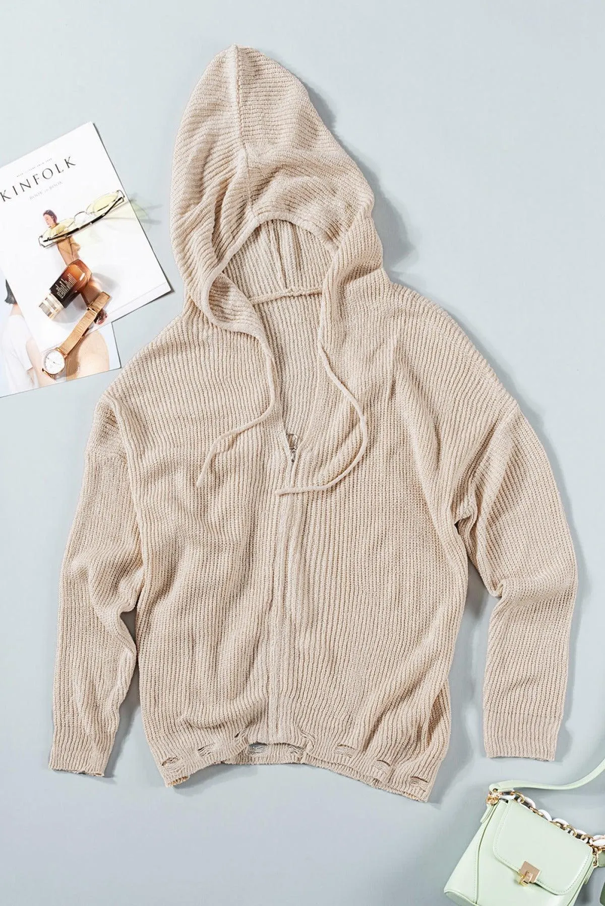 Hazel Blues® | Zipper V-Neck Dropped Sleeve Hooded Solid Sweater