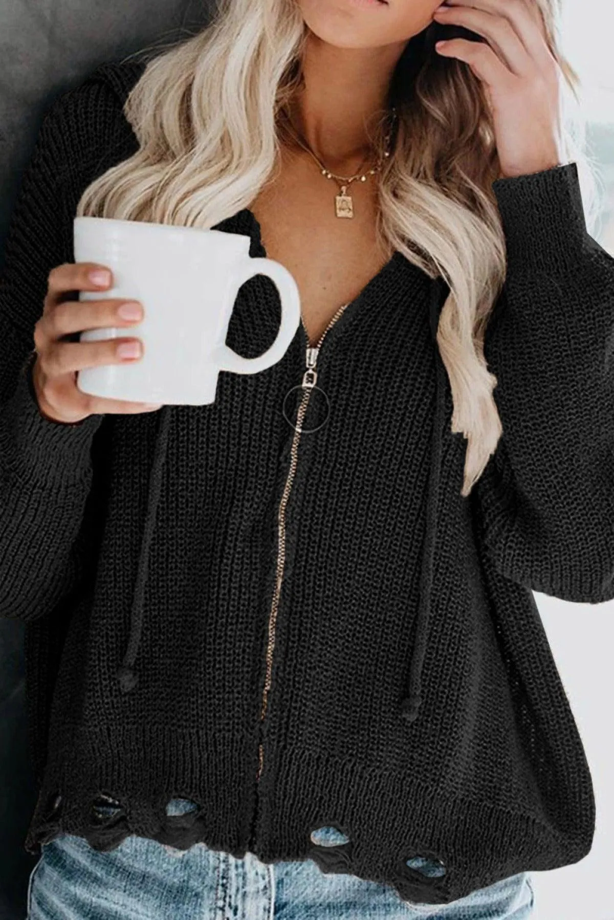 Hazel Blues® | Zipper V-Neck Dropped Sleeve Hooded Solid Sweater