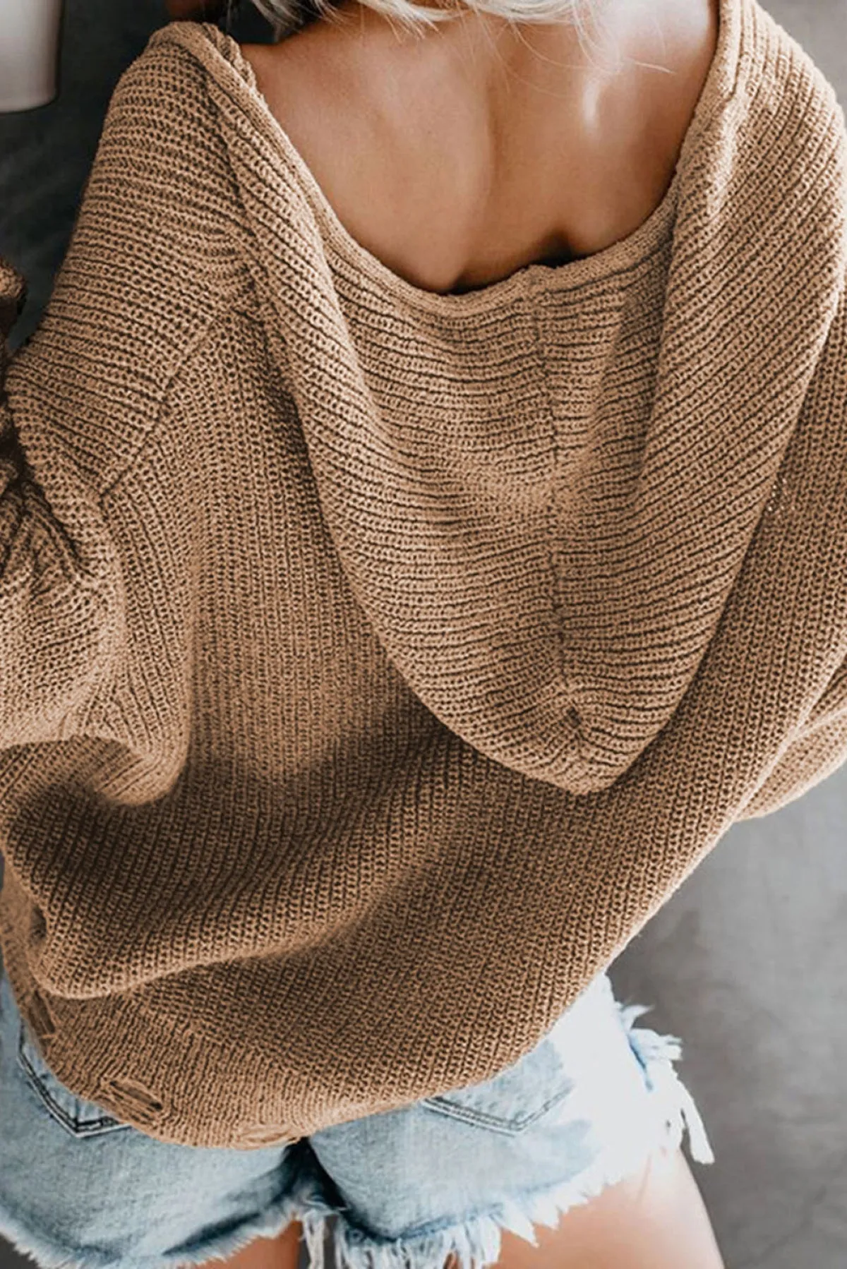 Hazel Blues® | Zipper V-Neck Dropped Sleeve Hooded Solid Sweater