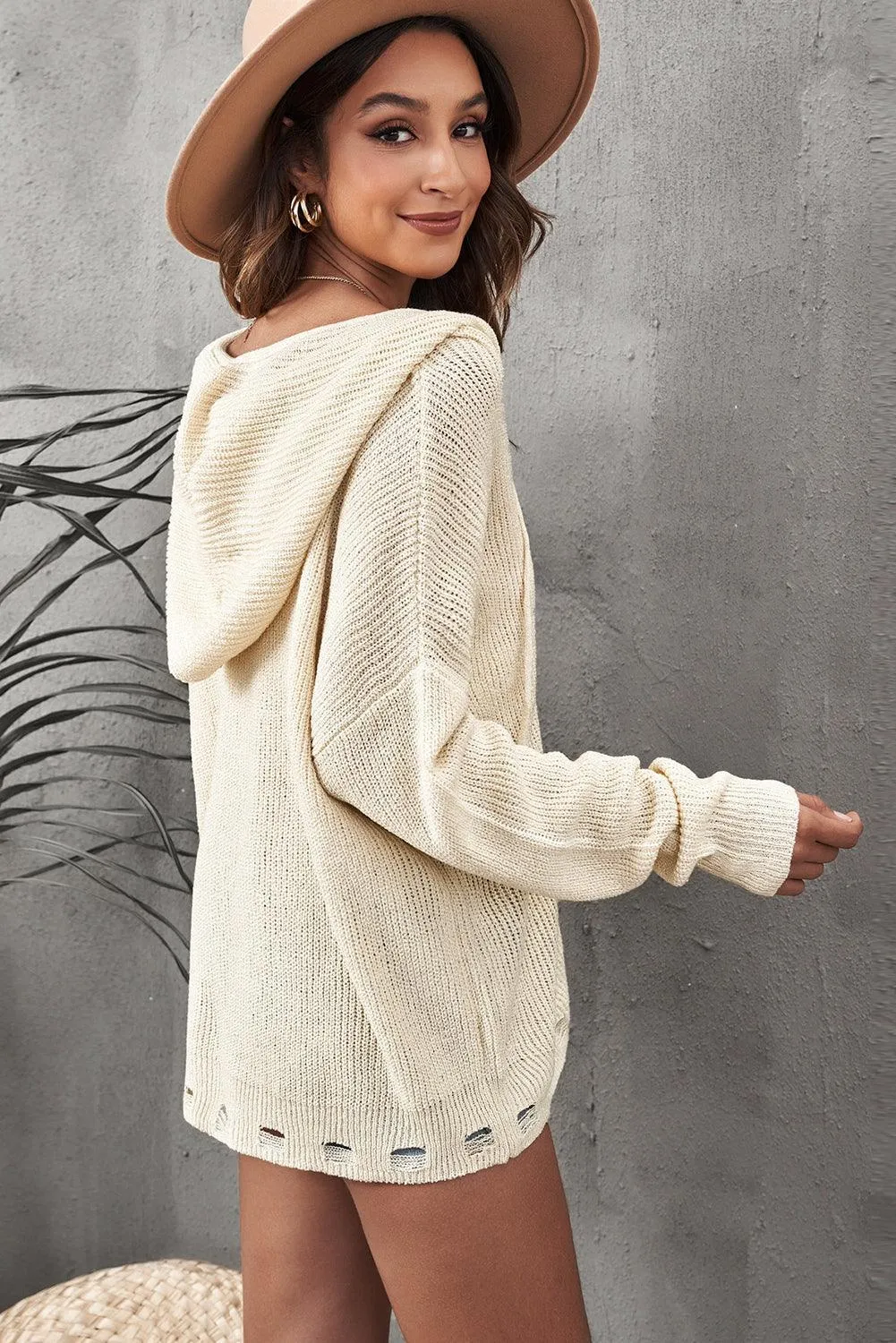 Hazel Blues® | Zipper V-Neck Dropped Sleeve Hooded Solid Sweater
