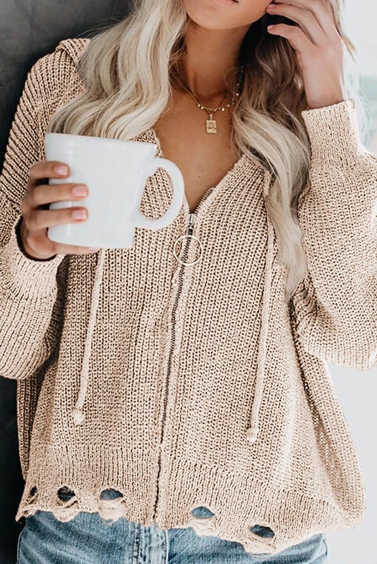 Hazel Blues® | Zipper V-Neck Dropped Sleeve Hooded Solid Sweater