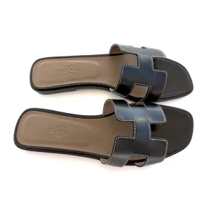 Hermes Oran Black Box Leather Sandals White Stitching Size 40 or 9.5 or 10