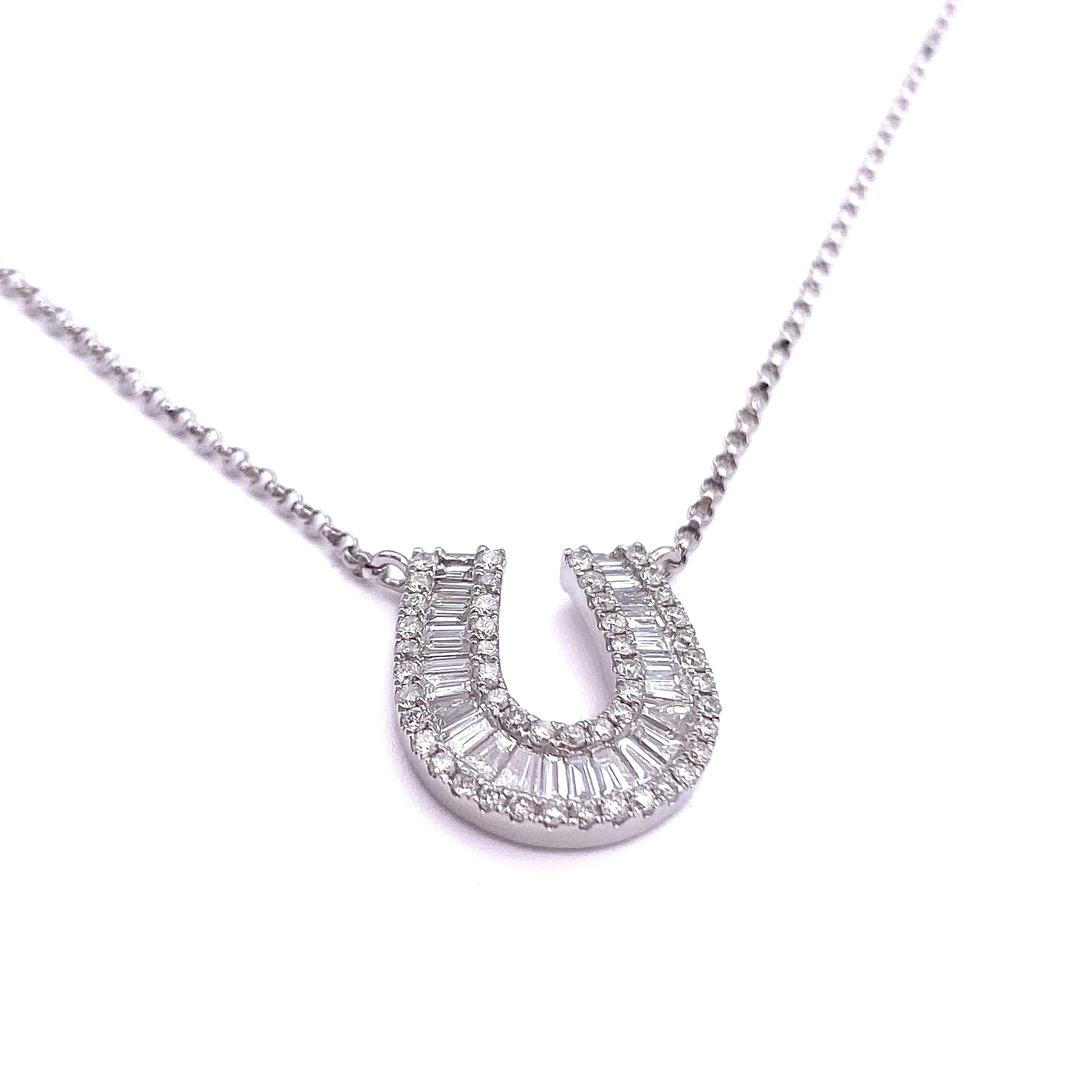 Horseshoe Necklace, Baguette Diamonds in 18k Gold