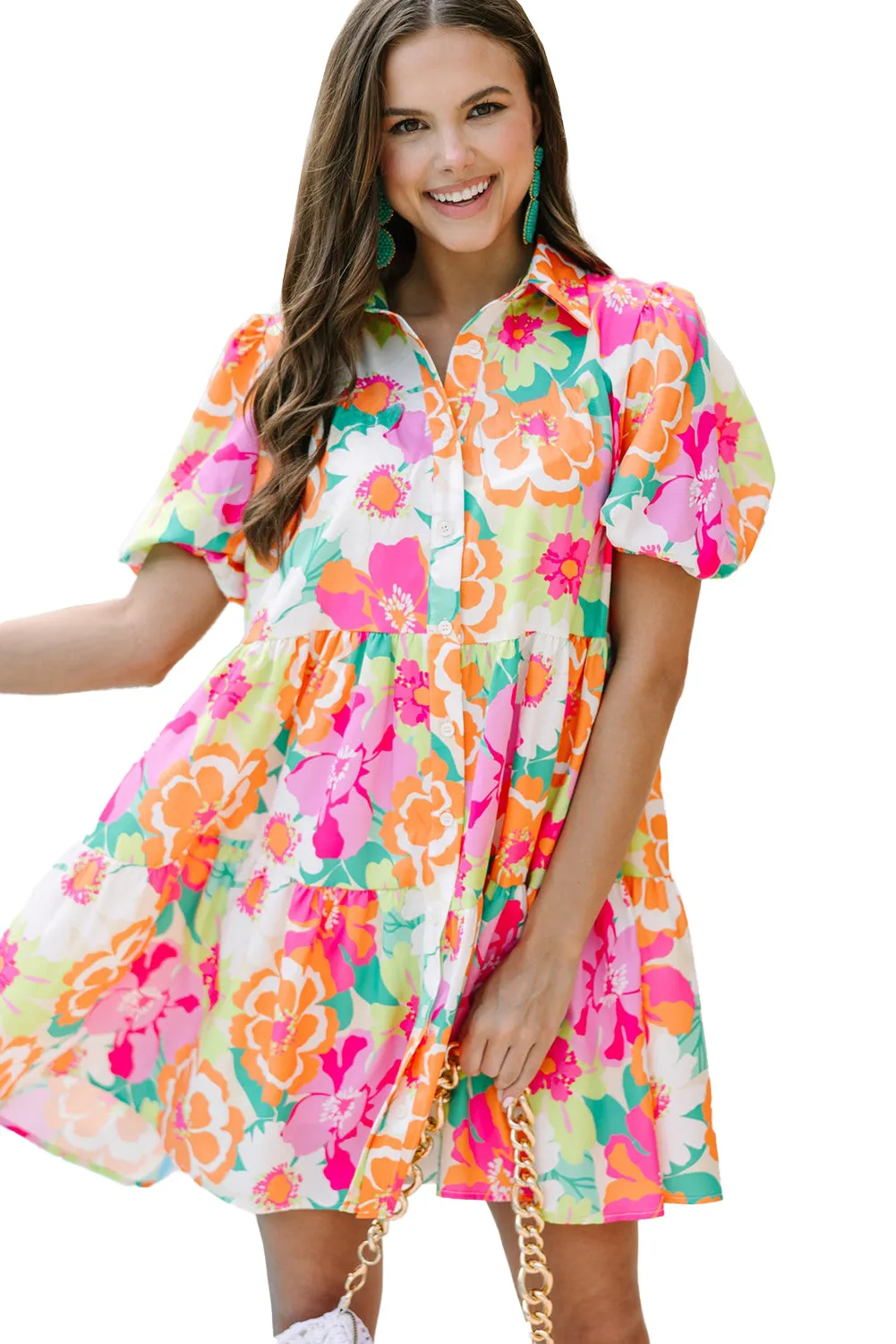 KaleaBoutique Floral Puff Sleeve Collar Buttoned Babydoll Dress