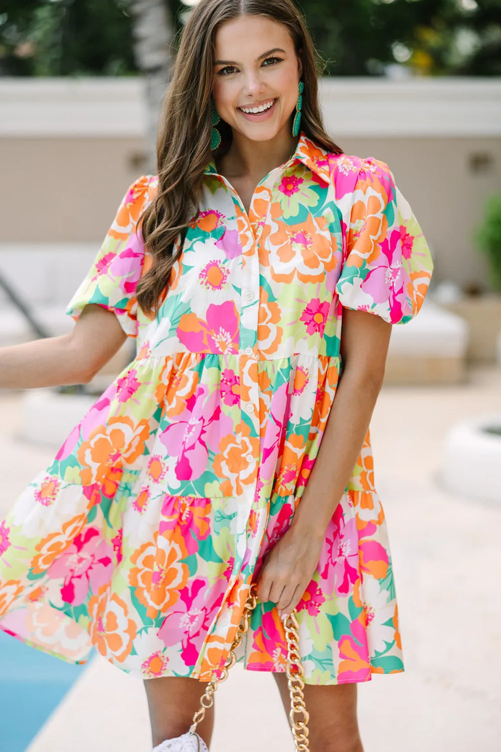 KaleaBoutique Floral Puff Sleeve Collar Buttoned Babydoll Dress