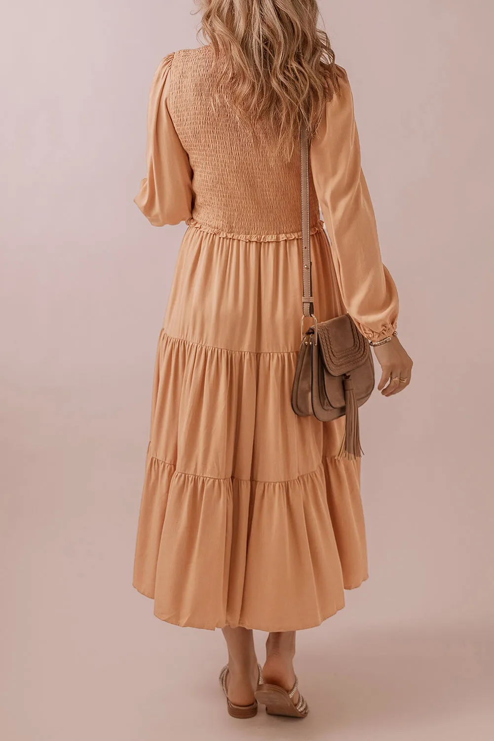 KaleaBoutique Smocked V Neck Long Sleeve Ruffle Dress