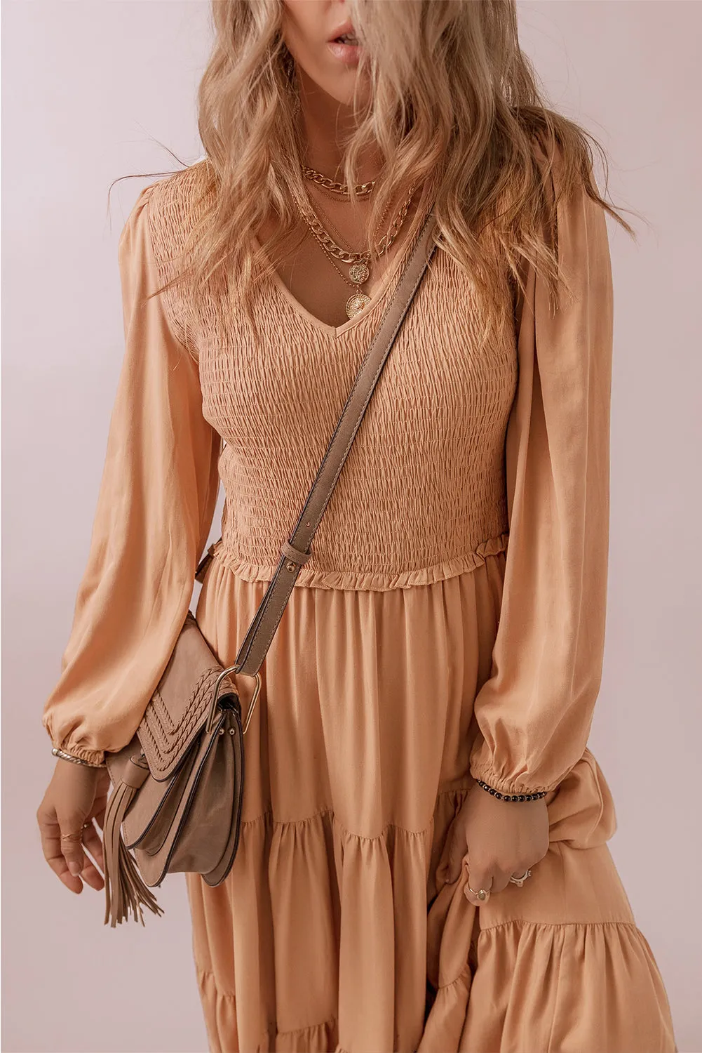 KaleaBoutique Smocked V Neck Long Sleeve Ruffle Dress