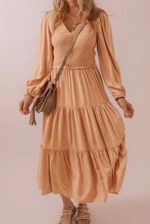 KaleaBoutique Smocked V Neck Long Sleeve Ruffle Dress