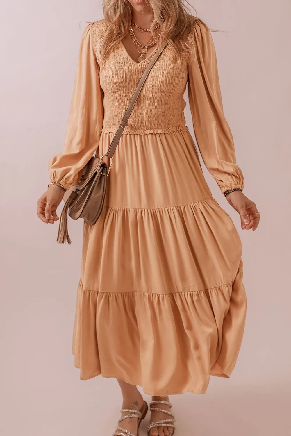 KaleaBoutique Smocked V Neck Long Sleeve Ruffle Dress