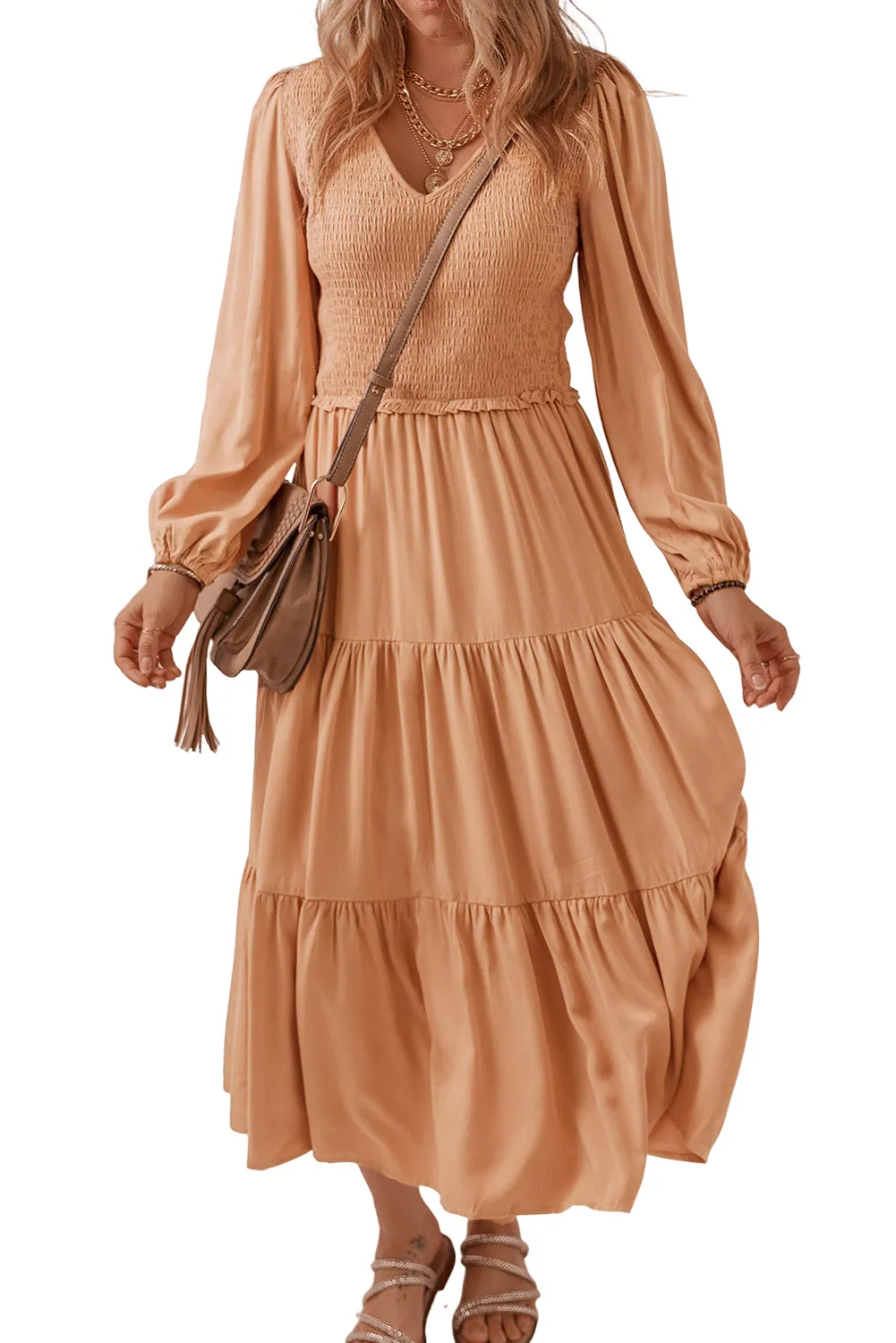 KaleaBoutique Smocked V Neck Long Sleeve Ruffle Dress
