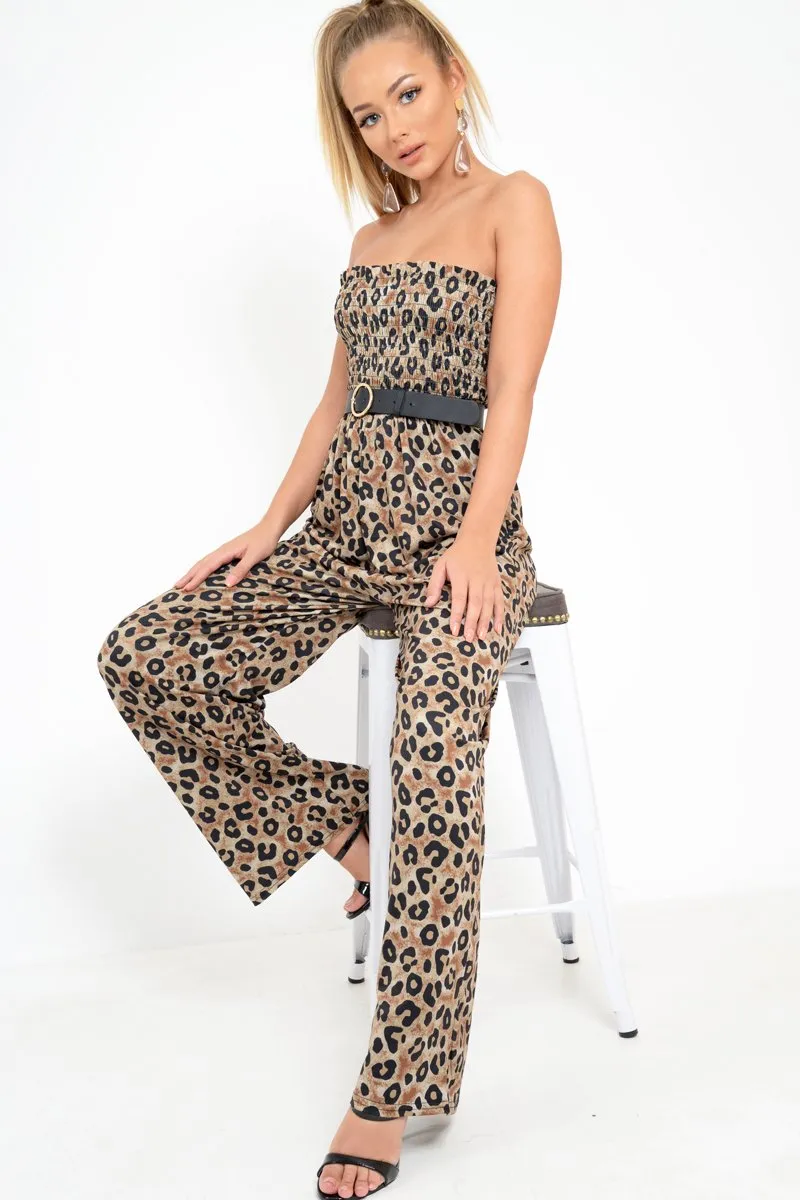 Khaki Leopard Bandeau Wide Leg Jumpsuit - Taygen
