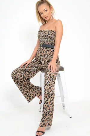 Khaki Leopard Bandeau Wide Leg Jumpsuit - Taygen