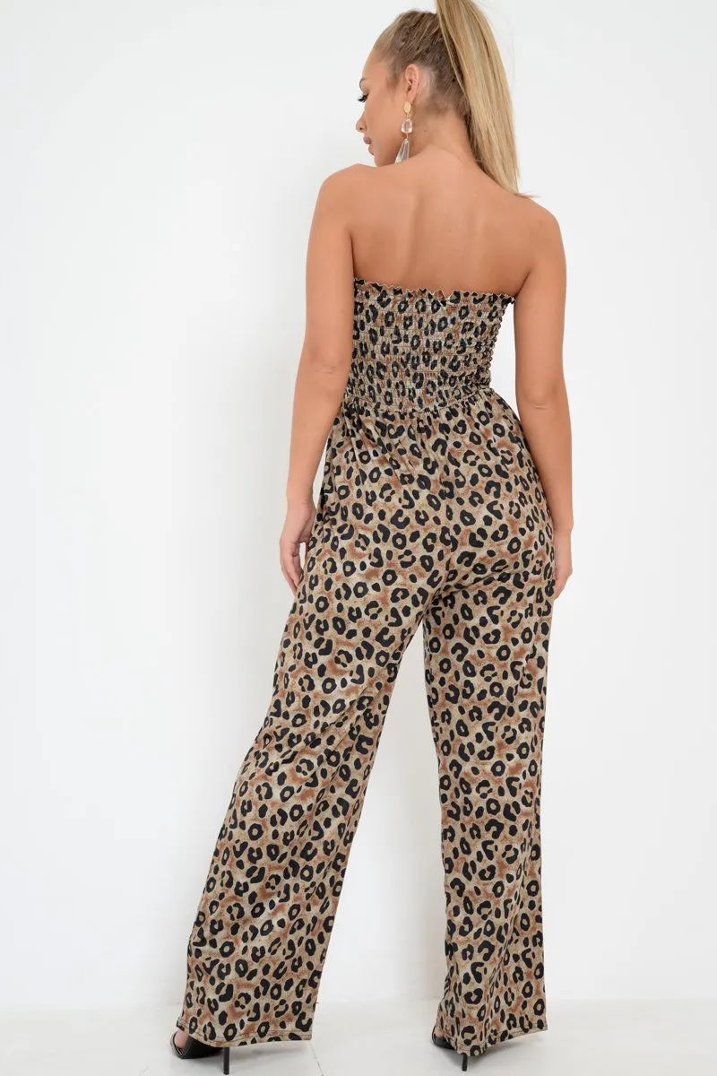 Khaki Leopard Bandeau Wide Leg Jumpsuit - Taygen