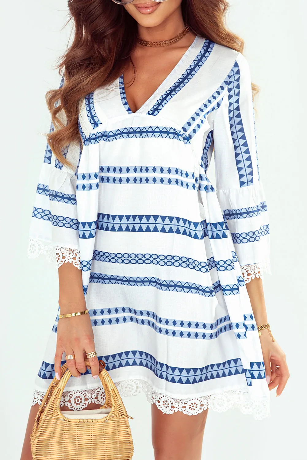 Khaki Vintage Print V Neck Lace Stitching Loose Dress