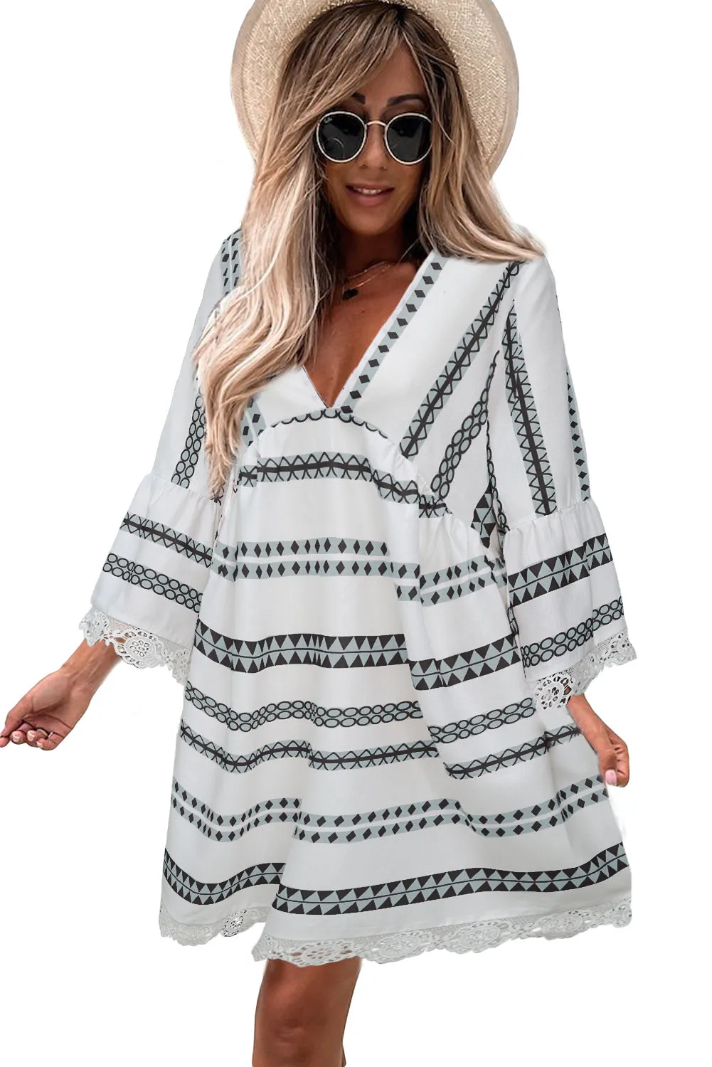 Khaki Vintage Print V Neck Lace Stitching Loose Dress