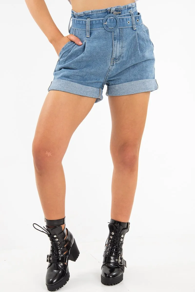 Light Wash Belted High Waist Paper Bag Shorts - Everlei