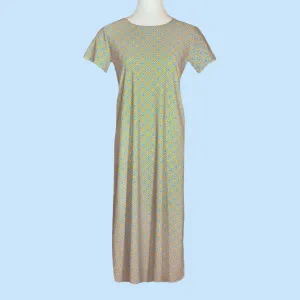 Mackinac Island Midi Length Tee Shirt Dress in Interlocking Hexagons Periwinkle and Pumpkin (Sample)