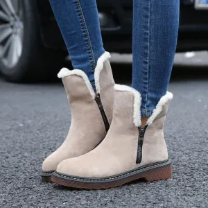 Med  Solid  Womens Boots Ankle Short Square Heel Zip Casual  Vintage Boots  Round Toe Shallow Chain Winter Big Size Shoes