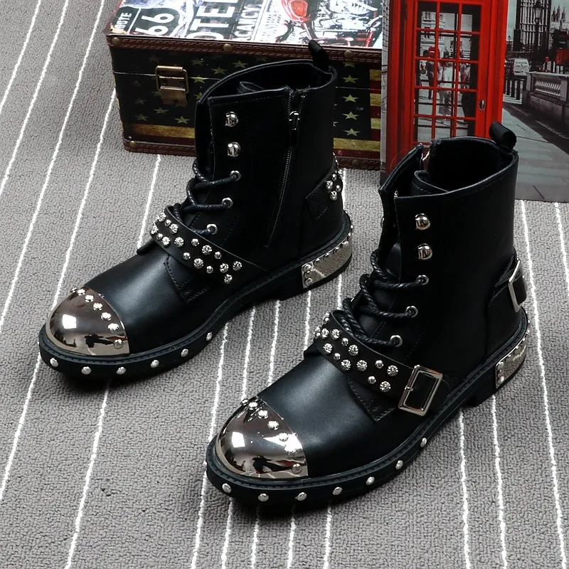 Men Fashion Ankle Boots Luxury Brand Men Rivets Punk Boots Spring Autumn Men Metal Boots High Top Men Sneakers