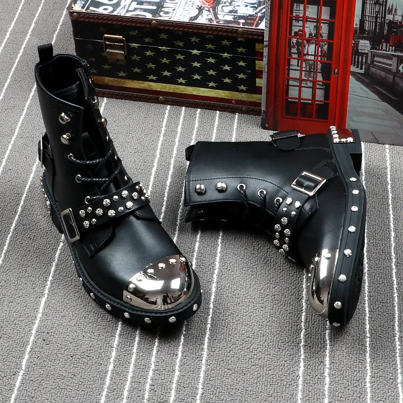 Men Fashion Ankle Boots Luxury Brand Men Rivets Punk Boots Spring Autumn Men Metal Boots High Top Men Sneakers