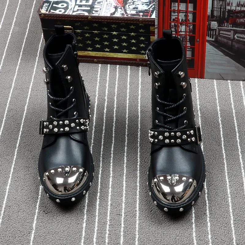Men Fashion Ankle Boots Luxury Brand Men Rivets Punk Boots Spring Autumn Men Metal Boots High Top Men Sneakers