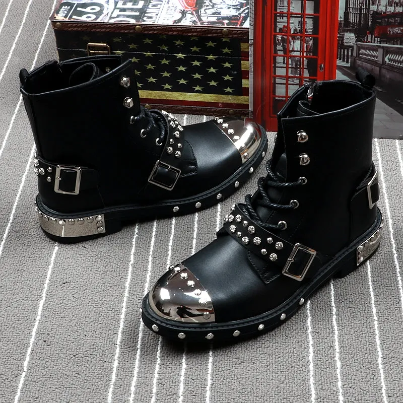 Men Fashion Ankle Boots Luxury Brand Men Rivets Punk Boots Spring Autumn Men Metal Boots High Top Men Sneakers