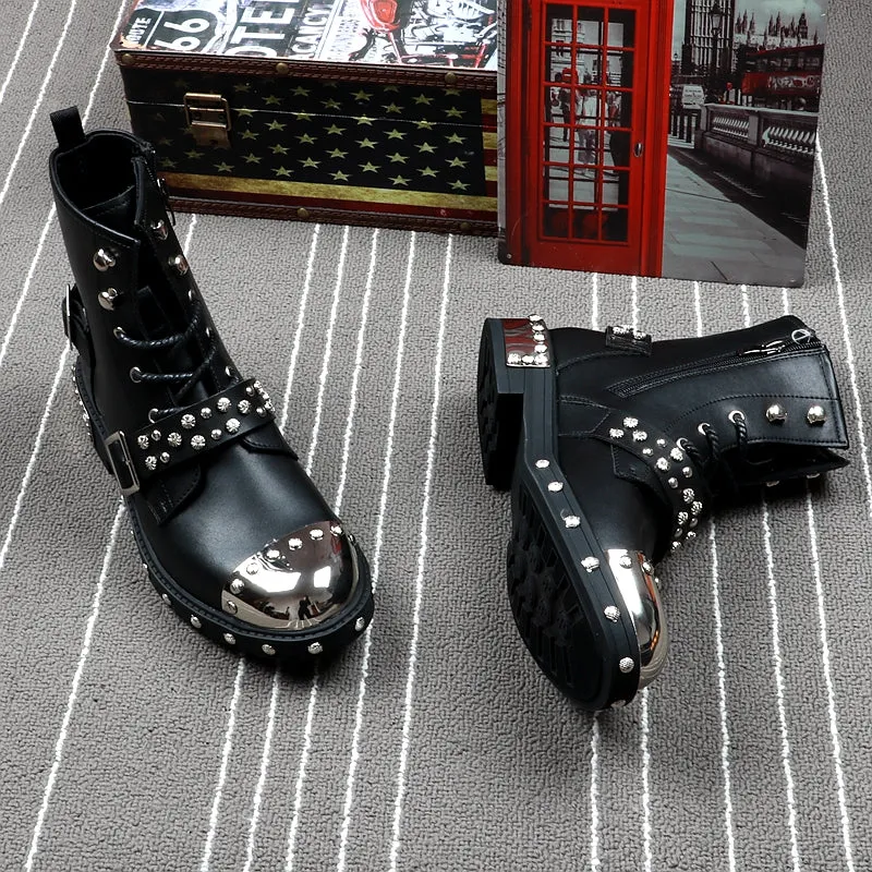 Men Fashion Ankle Boots Luxury Brand Men Rivets Punk Boots Spring Autumn Men Metal Boots High Top Men Sneakers