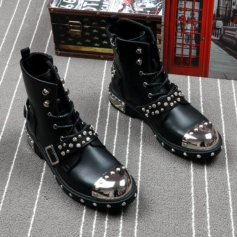 Men Fashion Ankle Boots Luxury Brand Men Rivets Punk Boots Spring Autumn Men Metal Boots High Top Men Sneakers