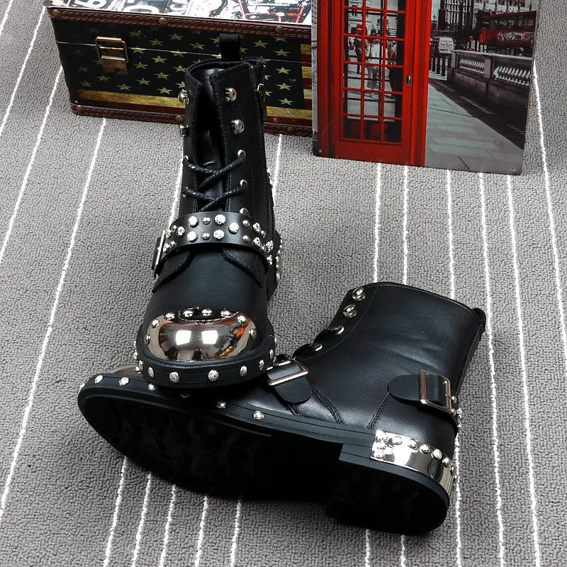 Men Fashion Ankle Boots Luxury Brand Men Rivets Punk Boots Spring Autumn Men Metal Boots High Top Men Sneakers