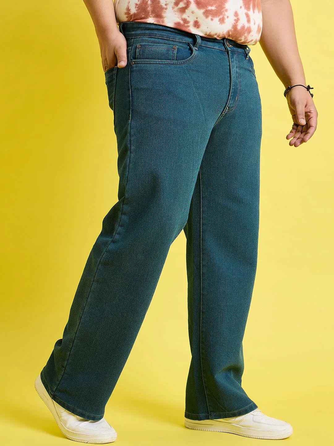 Men Plus Size Scroll-Ocean Blue Solid Jeans
