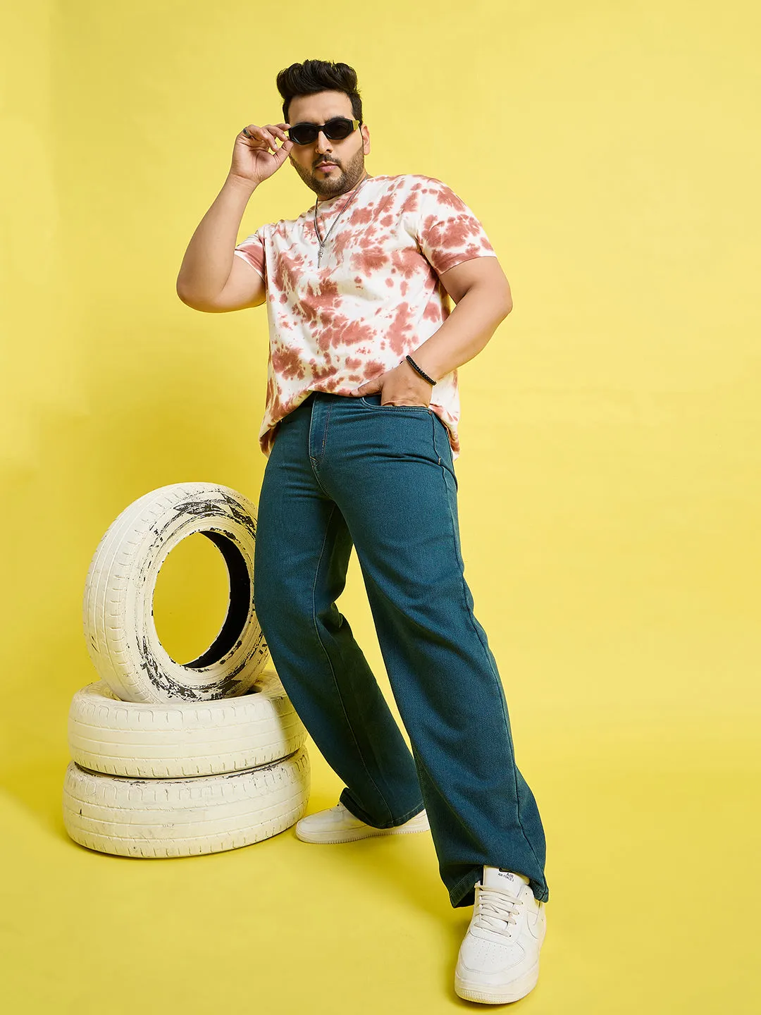 Men Plus Size Scroll-Ocean Blue Solid Jeans