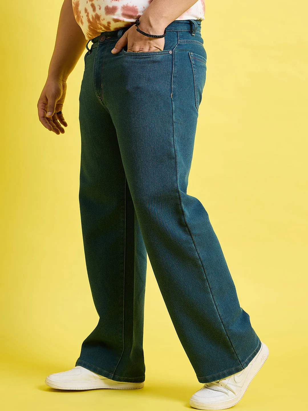 Men Plus Size Scroll-Ocean Blue Solid Jeans