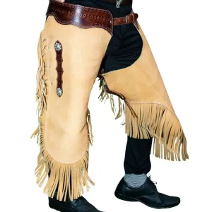 Men's Beige Suede Leather Chaps Western Cowboy Fringe Chaps LBCP318
