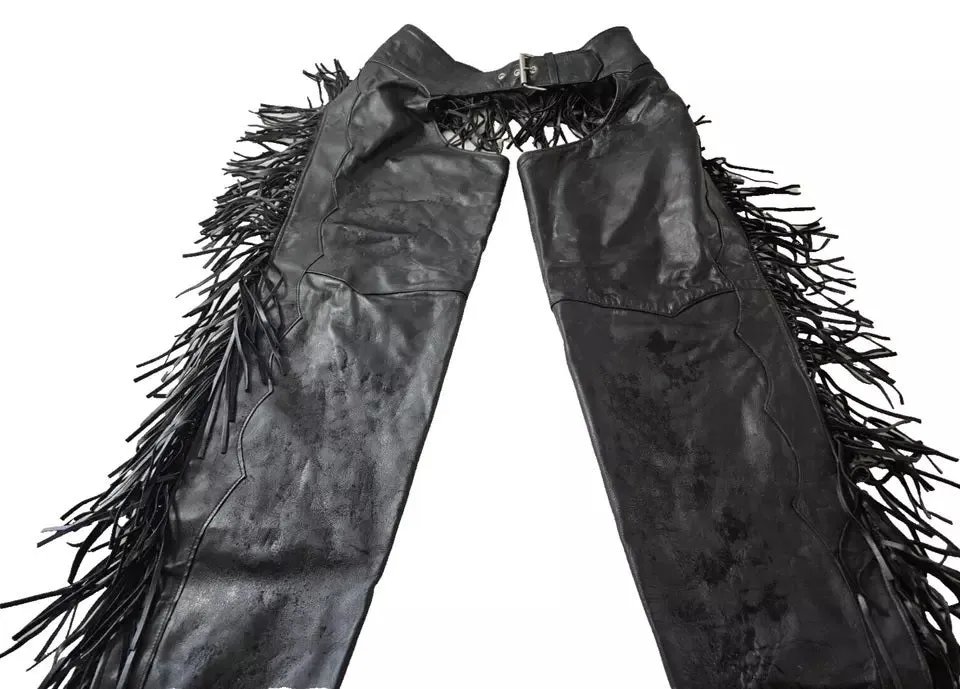 Men's Black Leather Chaps Western Cowboy Fringe Chaps LBCP321