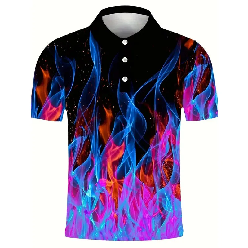 Mens Fashionable Flame 3D Printed Polo Shirts