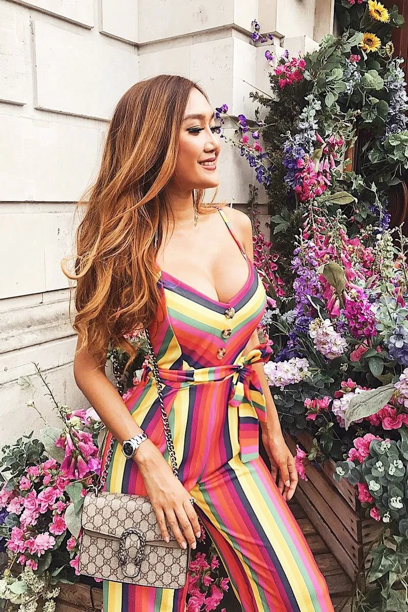 Multi Stripe Button Detail Culotte Jumpsuit - Sapphira