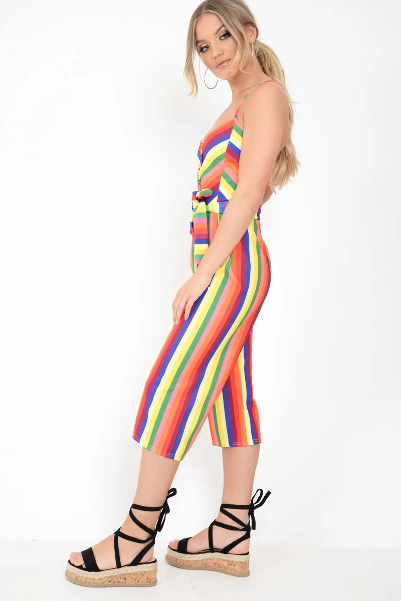 Multi Stripe Button Detail Culotte Jumpsuit - Sapphira