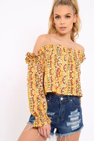 Mustard Floral Print Bardot Frill Crop Top - Rayna