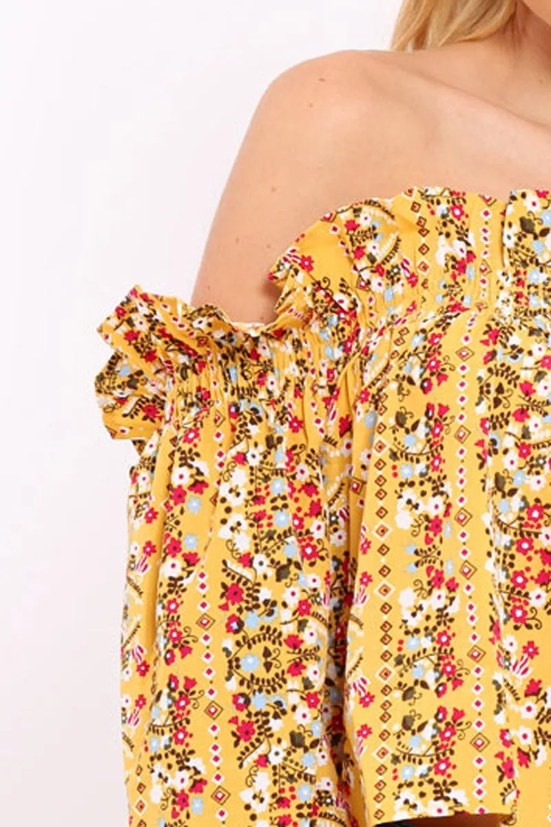 Mustard Floral Print Bardot Frill Crop Top - Rayna