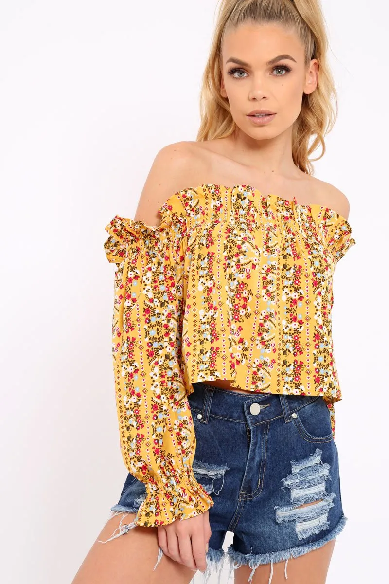 Mustard Floral Print Bardot Frill Crop Top - Rayna