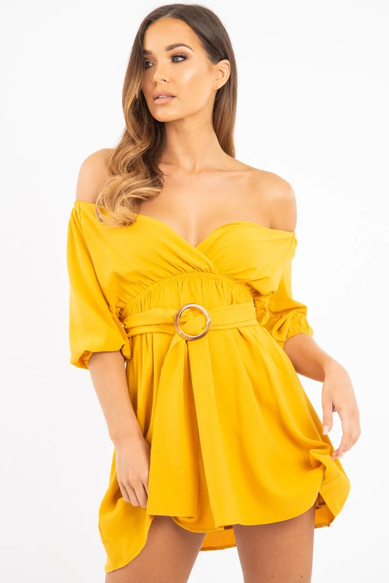 Mustard Plunge Crepe Belted Dress - Baily