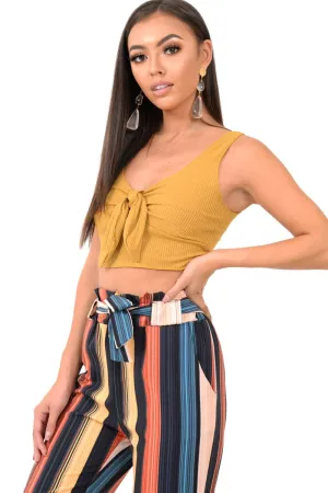 Mustard Plunge Rib Tie Front Crop Cami - Navira