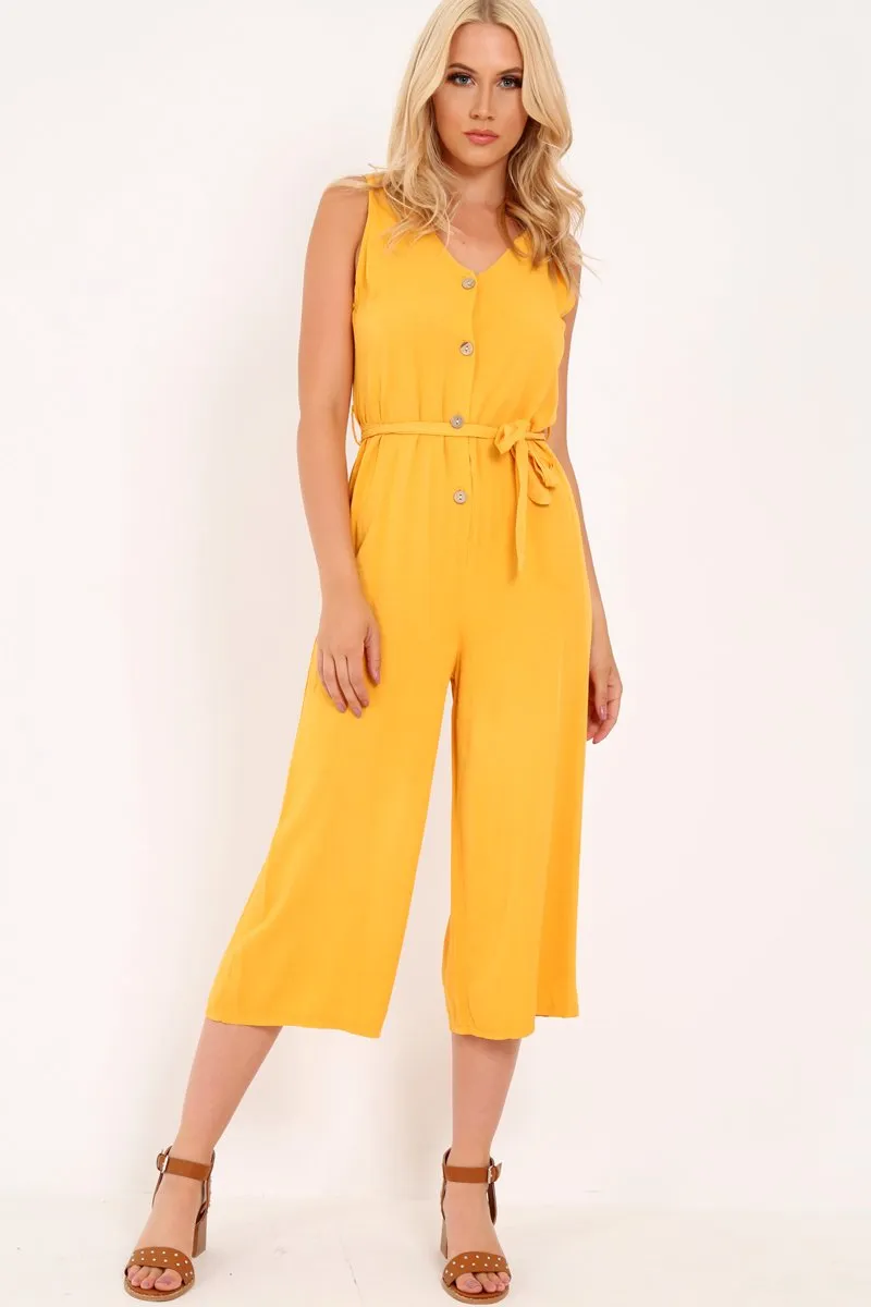 Mustard Sleeveless Button Down Culotte Jumpsuit - Kalanni